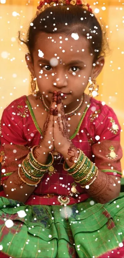 Child in traditional attire with snow effect.