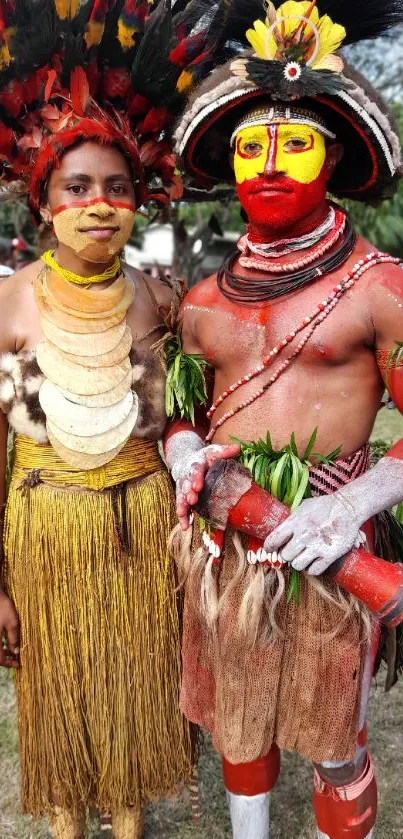 Traditional attire with colorful face paint in a festival setting.