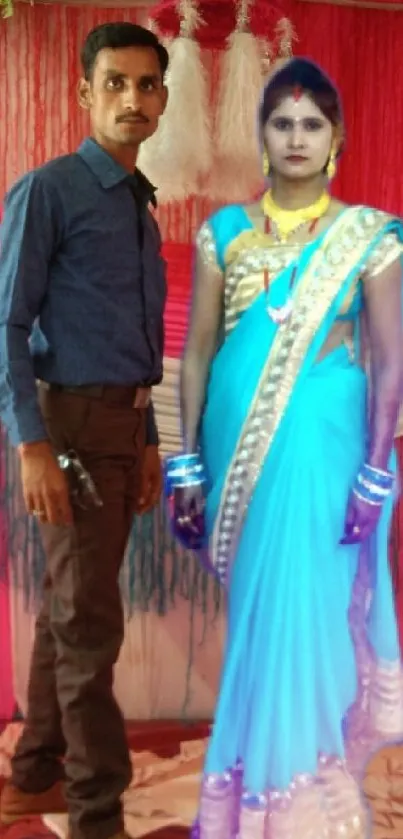 Couple in traditional Indian attire at a wedding ceremony.