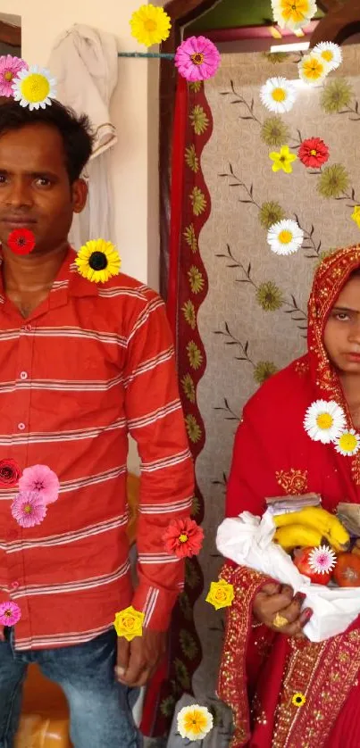 Couple in traditional attire with fruit basket.