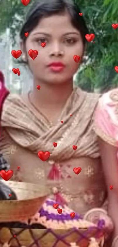 Woman in traditional attire holding basket outdoors.