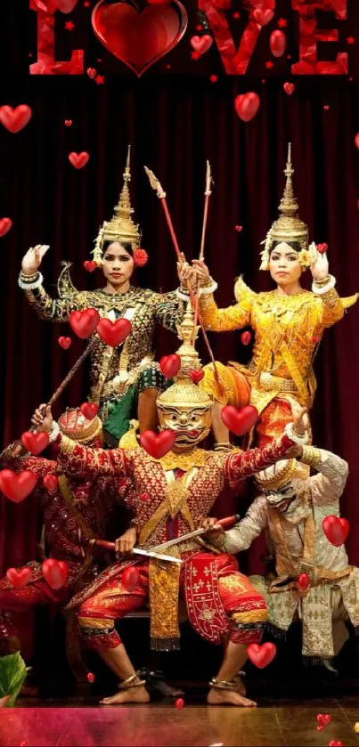 Traditional dancers with heart decorations on a vibrant red background.