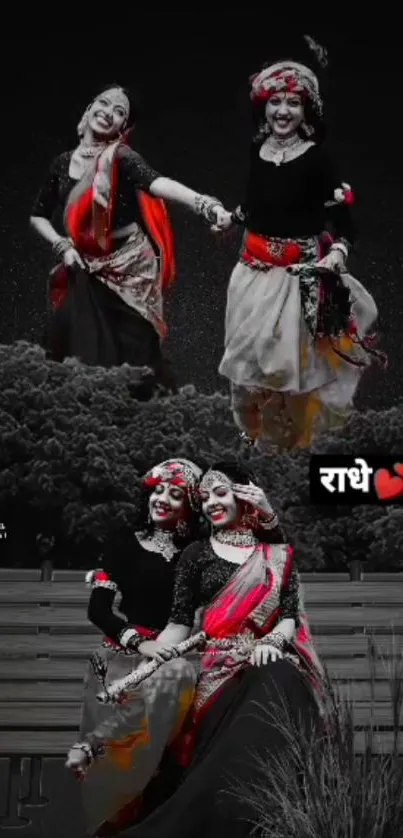 Elegant traditional dancers in vibrant red attire on a scenic background.