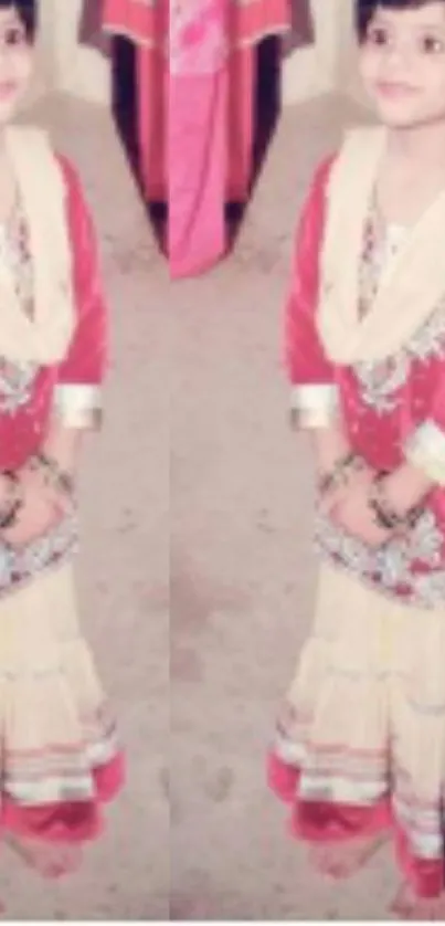 Young girl in red and beige traditional dress with mirrored reflection effect.