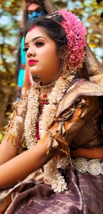 Portrait of woman in traditional attire with vibrant accessories in nature.