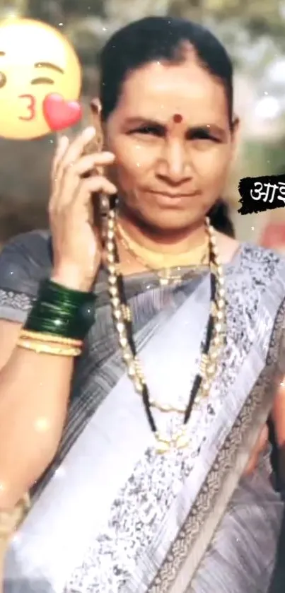 Woman in traditional dress with colorful elements.