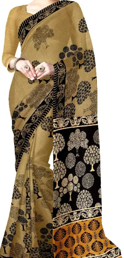 Elegant Indian saree mobile wallpaper in beige and black tones.