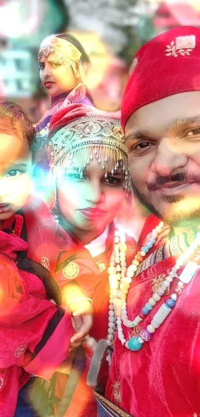 Family in vibrant traditional attire celebrating a special occasion.