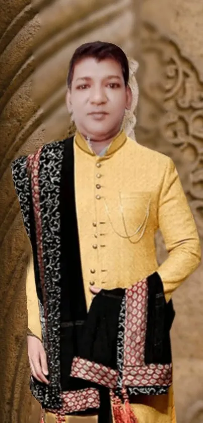 Person in beige traditional attire with ornate background.