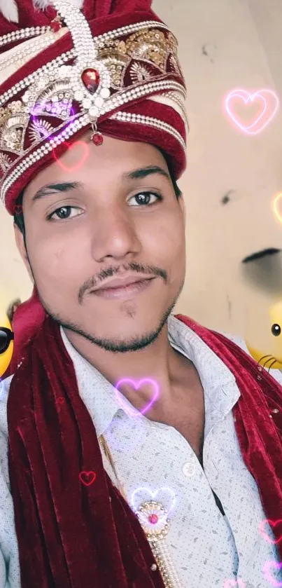 Man in traditional attire with festive emojis and vibrant colors.