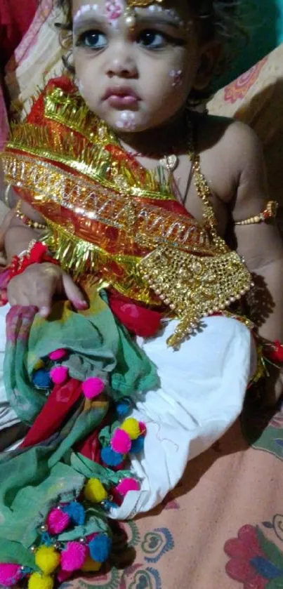 Baby in traditional Indian festive attire with colorful decorations.