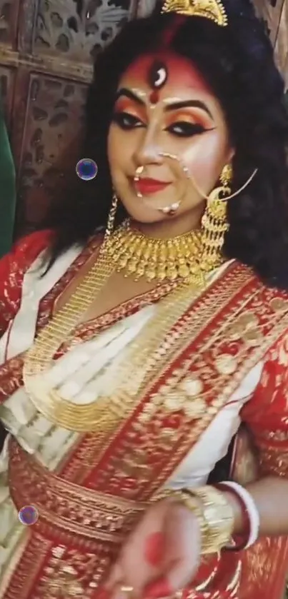 Woman in traditional attire with gold jewelry.