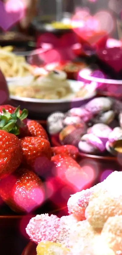 Assorted traditional feast with fruits and seafood on display, exuding festive vibes.