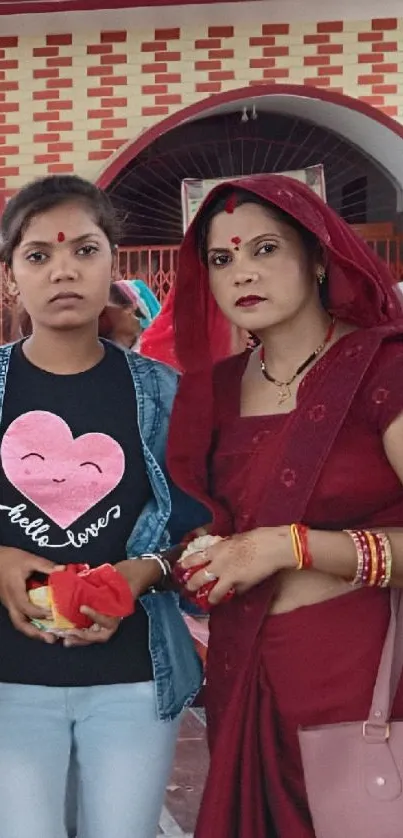 Two women in traditional festive attire during a cultural gathering.