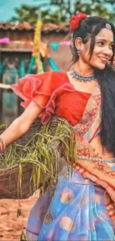 Indian woman in vibrant traditional attire smiling outdoors.