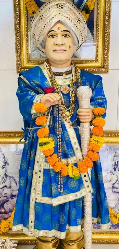 Indian figurine in blue robe with garlands, set in ornate frame.