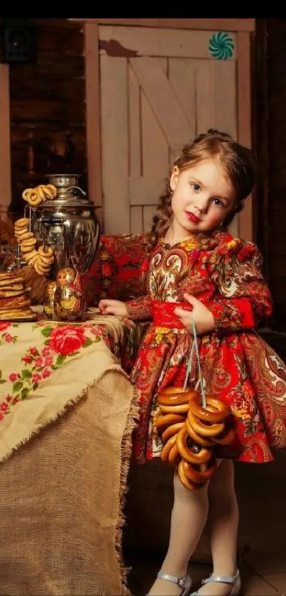 Young girl in colorful traditional dress with a rustic background.