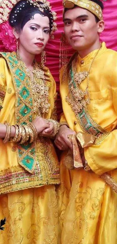 Traditional attire with golden embroidery against a pink backdrop.