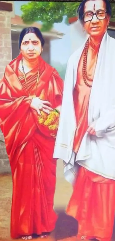 Man and woman in traditional Indian attire with red clothing.