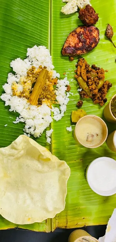 A traditional South Indian meal served on a banana leaf with assorted dishes.