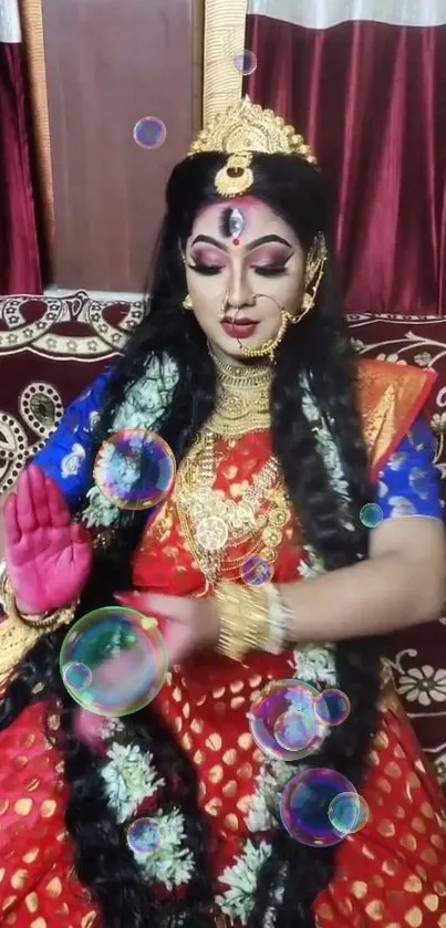 Indian dancer in vibrant saree and gold jewelry with bubbles.