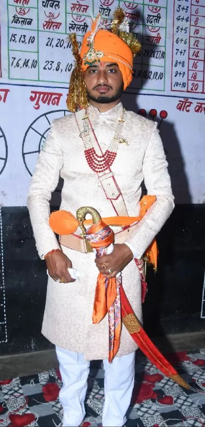 A man in traditional Indian groom attire with orange turban and ornate sword.