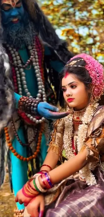 Traditional Indian attire with colorful jewelry on a woman and a figure in blue body paint.