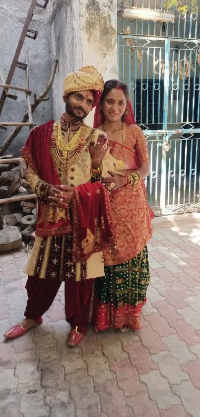 Traditional Indian wedding couple in vibrant attire.