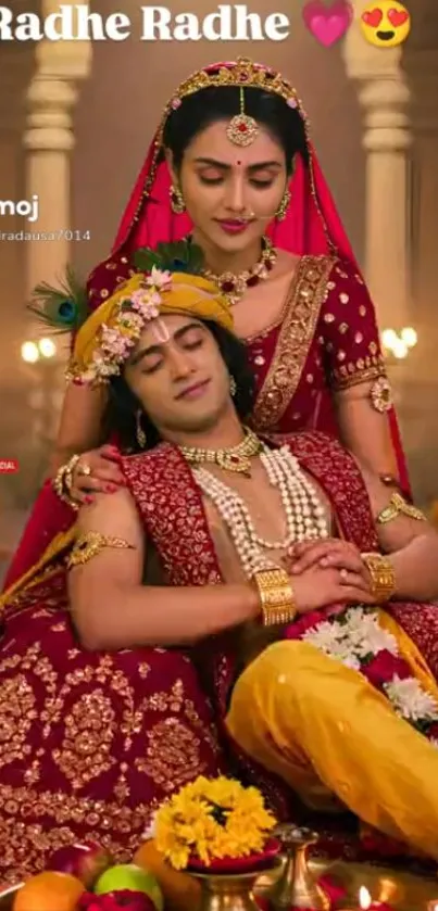 Indian couple in vibrant traditional wedding attire embracing.