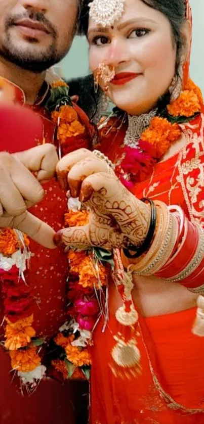 Traditional Indian wedding with henna and colorful attire.