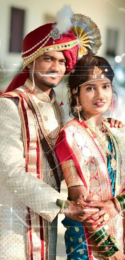 Traditional Indian wedding couple in vibrant attire.