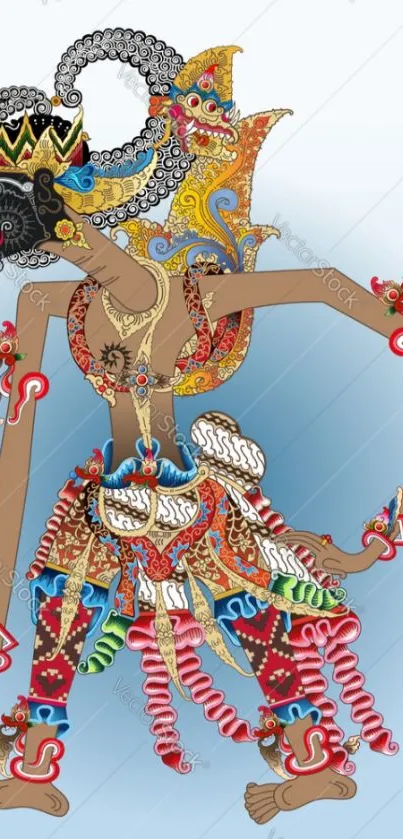 Intricate Indonesian puppet art in vibrant colors.