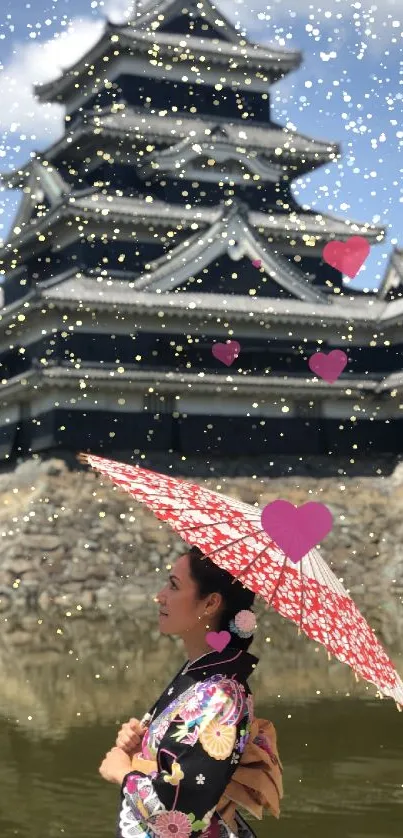 Woman in kimono with parasol at Japanese castle.