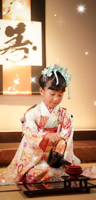 Young girl in kimono during tea ceremony in traditional Japanese setting.