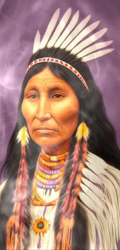 Traditional Native American portrait with feathers on purple background.
