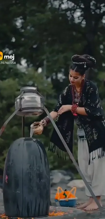 Woman in traditional attire cooking outdoors with natural backdrop.