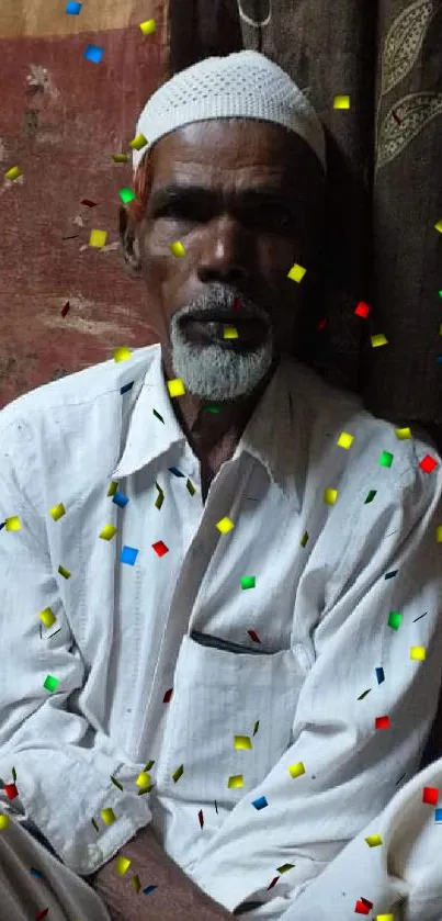 Traditional portrait of a man in white attire with textured background.