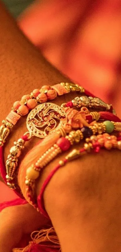 Festive Rakhi bracelets on wrist, symbolizing love.