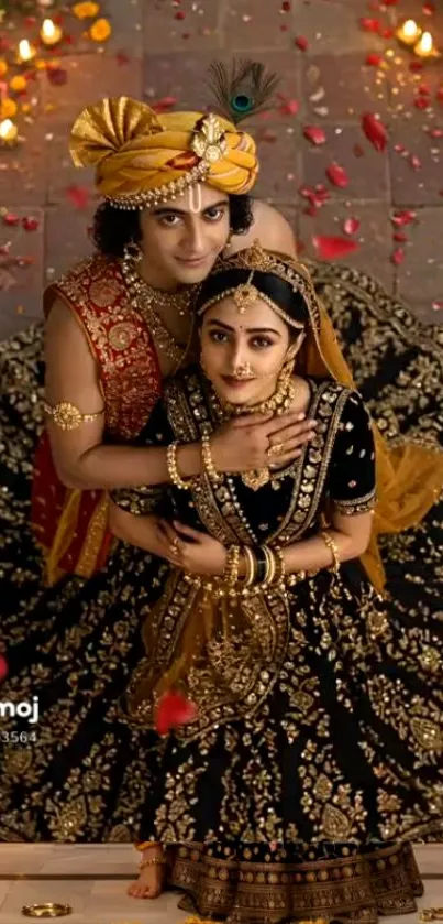 Regal couple in traditional Indian attire with intricate designs.