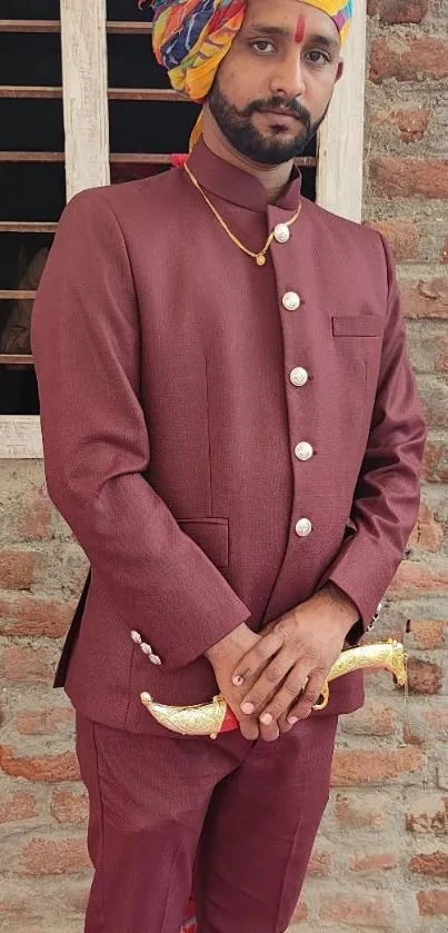 Portrait of person in traditional regal attire with a vibrant turban and brick background.