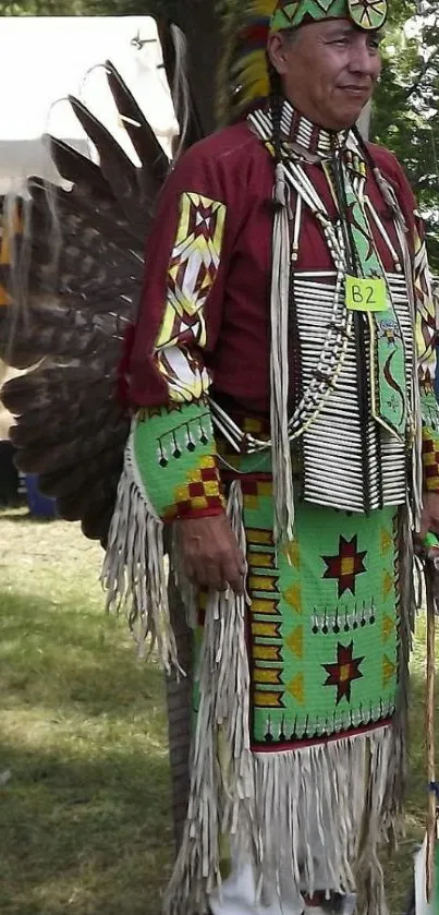 Vibrant Native American regalia with feathers and embroidery.