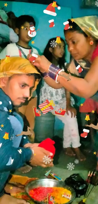 Family engaged in a traditional ritual with vibrant attire and cultural setup.