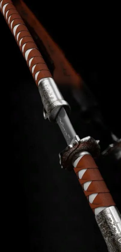 Elegant samurai sword with detailed craftsmanship against a dark background.