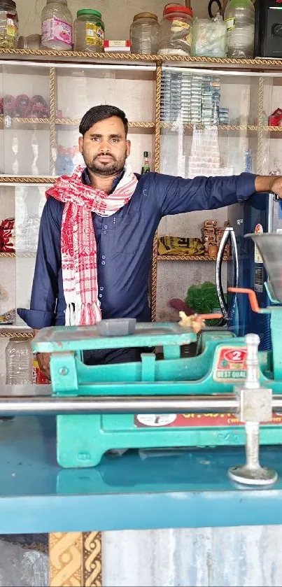 Traditional shop interior with shopkeeper and vibrant decor.