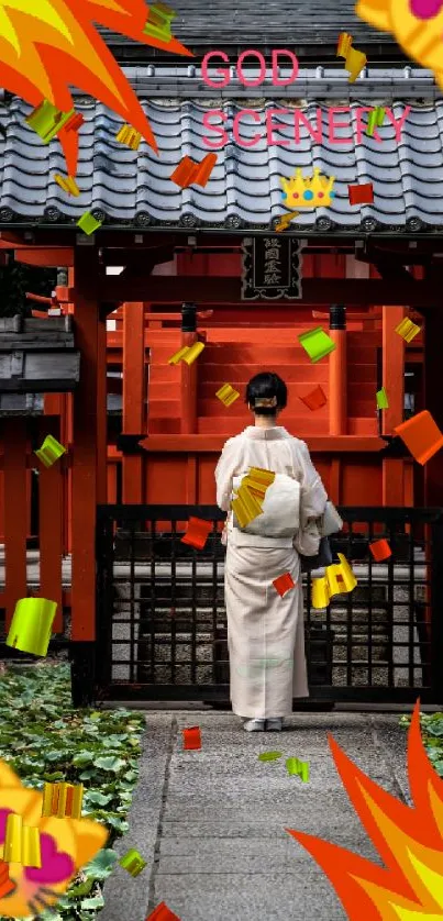 Person in kimono at serene Japanese shrine with playful emojis.