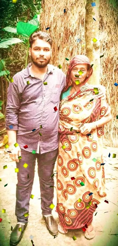 Village family portrait with traditional attire and rustic backdrop.