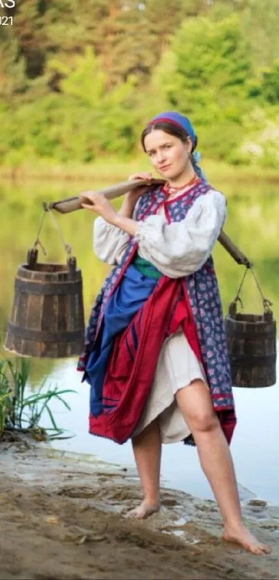 Woman in traditional attire by a lakeside with wooden buckets, nature background.