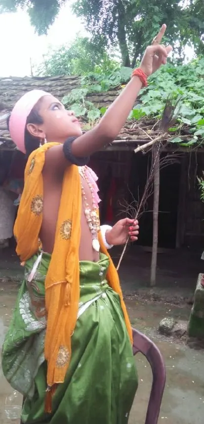 Traditional rural scene with vibrant attire and lush greenery.