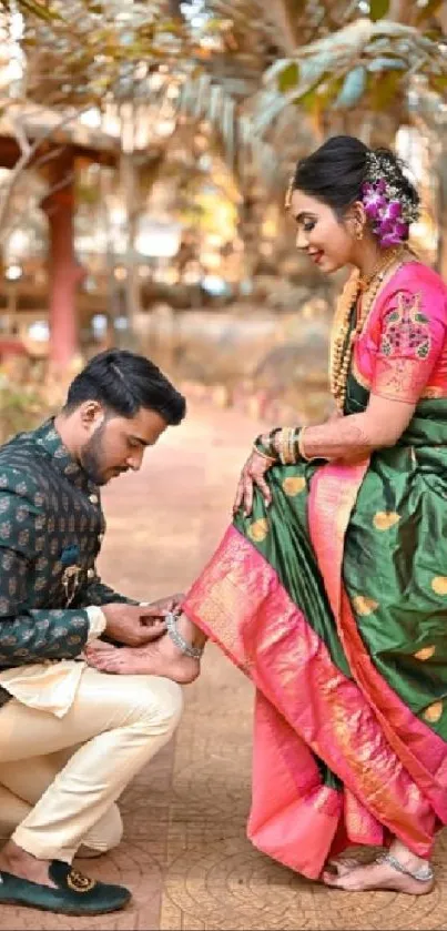 Bride and groom in vibrant traditional attire, Indian wedding theme.