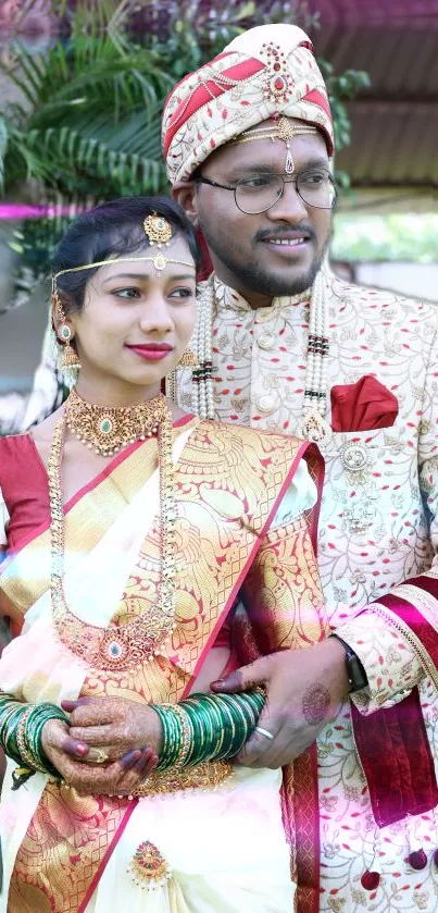 Traditional wedding couple in vibrant attire posing elegantly.